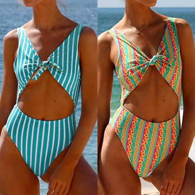 

Sexy Women Two Way Swimsuits Contrast Color Striped Bow Tie Padded Swimwear Bathing Suit