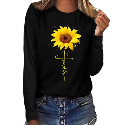 

2019 Fashion Casual Women Sunflower Printing O-neck Long sleeves T-shirt