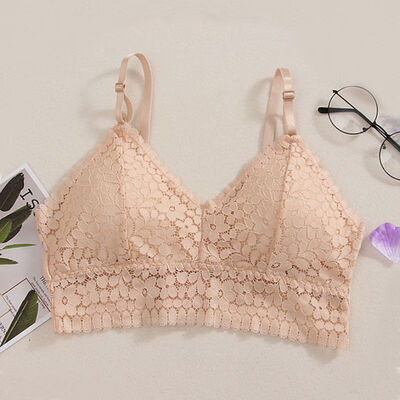 

Women Floral Lace Bralette Bustier Crop Top Sheer Mesh Embroidery Sexy Deep V Adjustment Padded Bra Nylon Soft Wireless Bra
