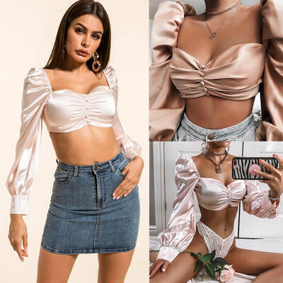 

Women&39s Sexy Pink Tank Tops Slim Puff Sleeve Short Backless Wrap Chest Button Crop Blouse 2019