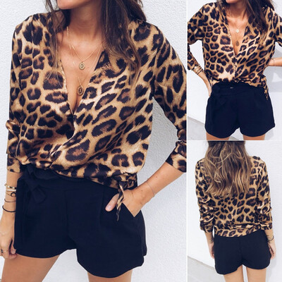 

Women Leopard Print Top Long Sleeve V-Neck Autumn Cotton Casual T-Shirt Blouse