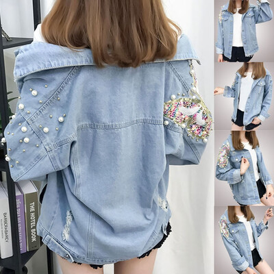 

Toponeto Women Button Long Sleeve Pearl Beading Denim Open Front Jean Jacket Overcoat