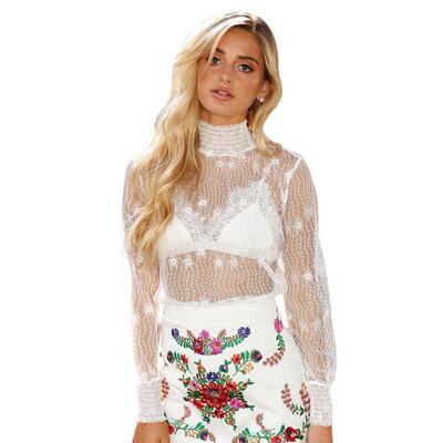 

New Lace Women Shirt Women Turtleneck Perspective Shirts Slim Summer Tops White Female Long Sleeves White Blusas Femininas