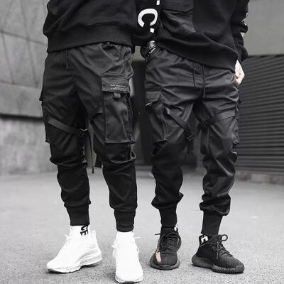 

NEW Hot Side Pockets Ribbons Pencil Pants Men Hip Hop Streetwear Sweatpants Fashion Casual Male Cargo Pants Trousers Black