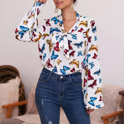 

Autumn New Bow Tie Butterfly Print Trumpet Sleeve Long Sleeve Shirt White