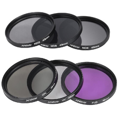 

Andoer 49mm Lens Filter Kit UVCPLFLDNDND2 ND4 ND8 with Carry Pouch Lens Cap Lens Cap Holder Tulip & Rubber Lens Hoods