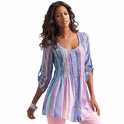 

Contrast striped round neck long sleeve casual loose blouse top