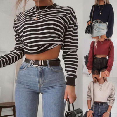 

UK Womens Long Sleeve O-Neck Short Sweatshirt Jumper Boulse Crop Tops Pullover