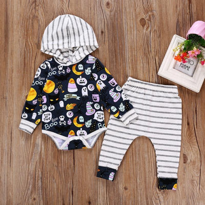

Trick Or Treat Halloween Baby Outfits Hooded Romper Striped Outfit Set Boy Girl