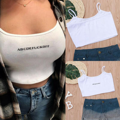 

Womens Ladies New Camisole Letter Print Strappy Crop Vest Top Flared Sleeveless