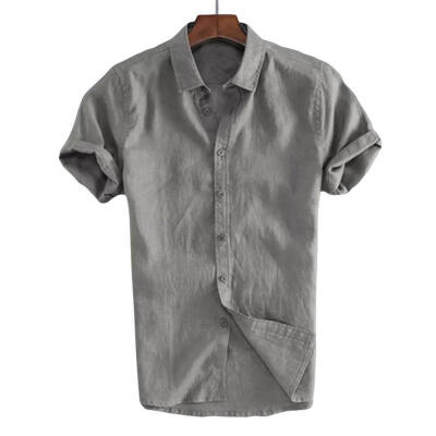 

Mens Linen Short Sleeve Summer Solid Shirts Casual Loose Dress Soft Tops Tee