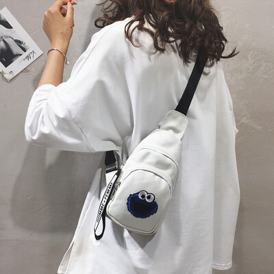 

Canvas small bag female new 2019 Korean version of the wild Harajuku student chest bag cartoon cute girl Sesame Street Pack