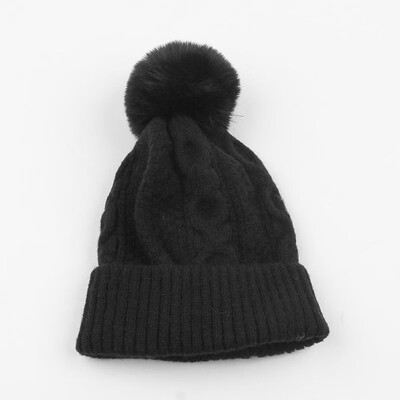 

Funny Women Knitted Hat Solid Color Wool Blends Crochet Pattern Pom-pom Top Ribbed Casual Warm Beanies