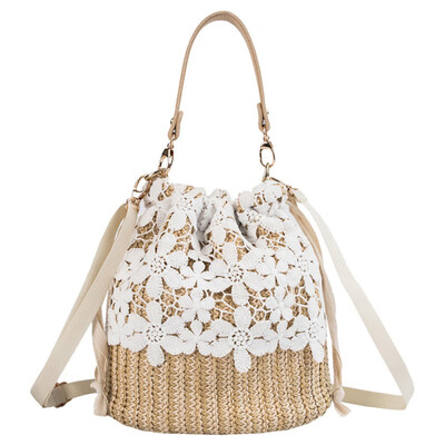 

Women Lace Mesh Bags Fashion Summer Woven Drawstring Bag Leather Straps Handle Shoulder Bags Holiday Bucket Crossbody Bag