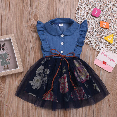 

Toddler Baby Girls Sleeveless Ruffles Floral Print Denim Splice Tulle Dress