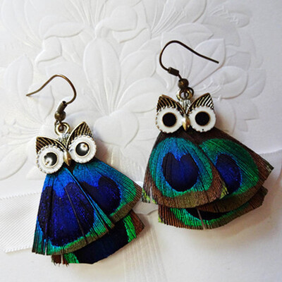 

2 Bohemia Cute Animal Owl Earrings For Women Indian Peacock Feather Dangle Earrings Vintage Ethnic Jewelry