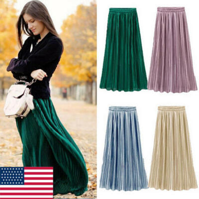 

Ladies Womens Long Midi Pleated Skirt Elastic Waist Double Layer Chiffon Dresses