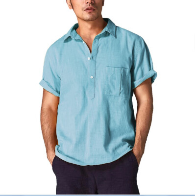 

2019 New Summer Fashion Men Casual Shirts Short Sleeve Solid Color Single-Breasted Lapel Collar Cotton And Linen Tops