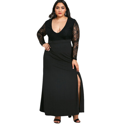 

Plus Size Plunge Lace Sleeve Maxi Dress