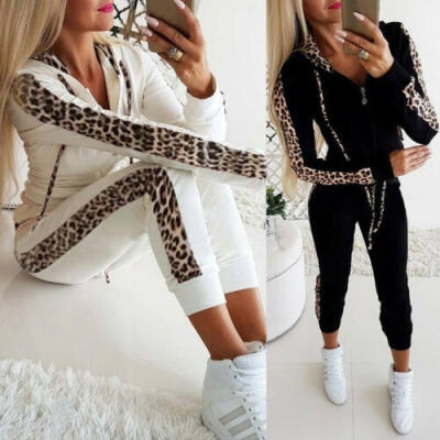 

Womens Ladies Zipper Hooded Long Sleeve Loungewear 2PCS Tracksuit Set Leopard Print Activewear