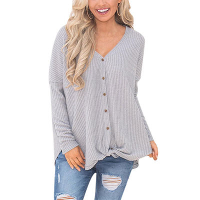 

Casual Female Autumn Blouses Long Sleeve V-neck Buttons Blouse Shirts Irregular Knit Basic Tops Femme Tied Up Shirts