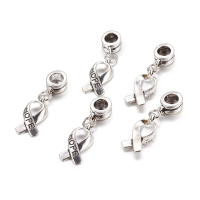 

Alloy European Dangle Beads Breast Cancer Awareness Ribbon Antique Silver 30mm Hole 5mm