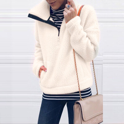 

Tailored Women Winter Casual Solid Color Stand Collar Zip Up Pullover Fur Sweatshirt Tops