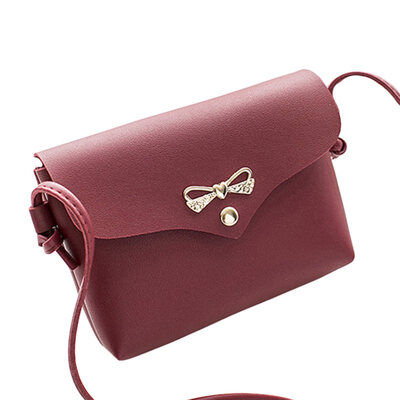 

Simple Solid Color Women Bowknot Decor Flap Faux Leather Crossbody Shoulder Bag