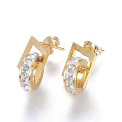 

304 Stainless Steel Hoop Earrings with Polymer Clay Rhinestone Ring&Square Golden 19x145x11mm Pin 08mm