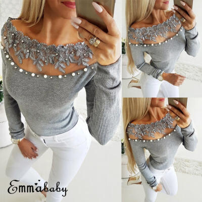 

Women Fashion Lace T Shirt Long Sleeve Patchwork Slim Blouse Ladies Casual Tops