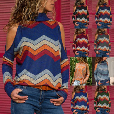 

2018 Amazon Explosion models Europe&the United States autumn high collar strapless long sleeve geometric print ladies knit top