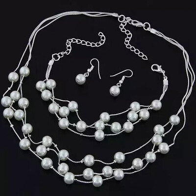 

Imitation Pearl Earring Necklace Bracelet Set Simulated Pearl Double Layer Women