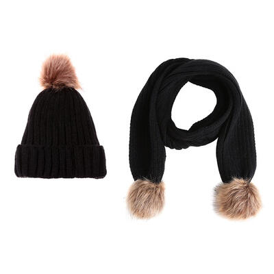 

2pcs Cute Children Girls Pompom Fleece Hats Scarf Kids Winter Warm Set Gift