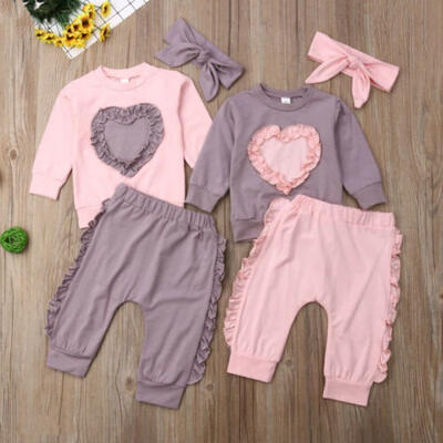 

US Toddler Baby Girl Kid Long Sleeve Tops Pants Headband Love Shape Clothes 3PCS