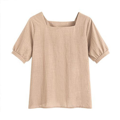 

2018 Women Summer Square Neck Cotton&Linen Blouses Female Short Sleeves OL Shirts Fashion Casual Elegant Solid Color Blouse