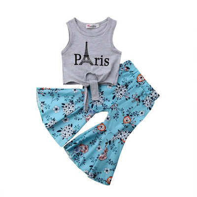 

Kids Baby Girl Vest Top T-shirtWide Leg Flared Bell Bottom Floral Pant Outfit