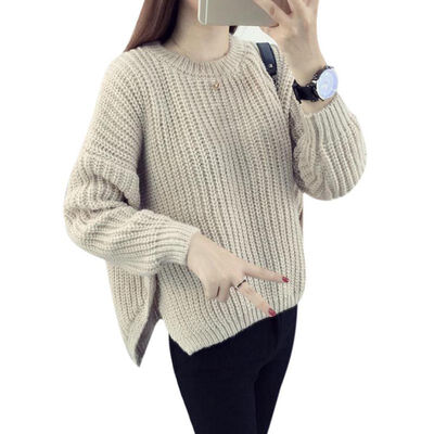 

Women Long-Sleeved Wild Knitwear Tops Autumn Winter Round Neck Casual Female Sweater Solid Color Slim Women Sweater