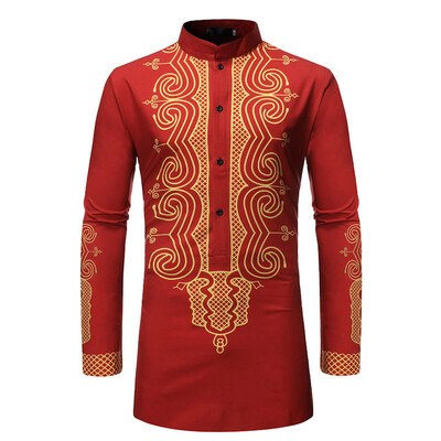 

Men Ethnic Style Printed Stand Collar Shirt Blouse Long Sleeve Button Down Tops