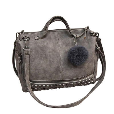 

Women Solid Color Pompom Pendant Studded Faux Leather Tote Crossbody Sling Bag