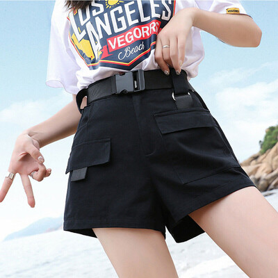 

Women Overalls Shorts Belt Pants High Waisted Pocket Shorts Casual Short Pants
