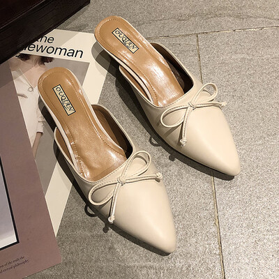 

Spring fashion womens shoes Korean version of Joker bow sexy with thin heel Baotou half slippers women