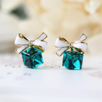 

EK831 High Quality Fashion 2018 Chic Shimmer bow knot Cubic Green Blue Rhinestone Stud Earrings For Women Crystal Earrings