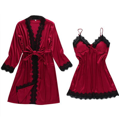 

Toponeto Women Sexy Satin Fashion Lace Patchwork Sleepwear Sling Robe Long Sleeve Set