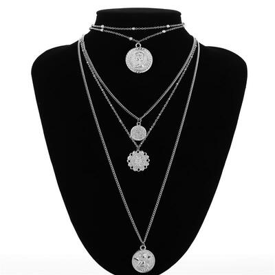 

Vintage Silver Gold Long Chain Multilayer Choker Necklace For Women Angel Virgin Mary Pendant Round Coin Necklace Jewelry