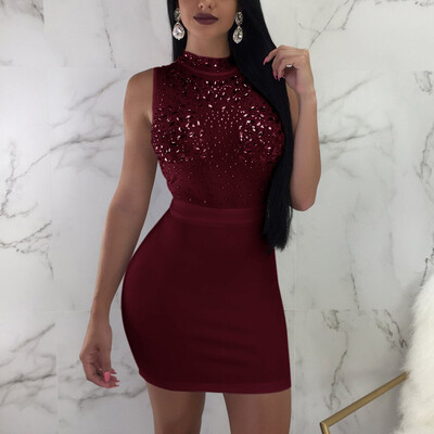 

〖Follure〗Fashion Women Sexy Sleeveless O-Neck Sequin Perspective Mesh BodyCon Mini Dress