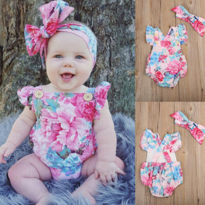 

Toddler Baby Girls Floral Romper Bodysuit Jumpsuit Headband Outfits Sunsuit Set