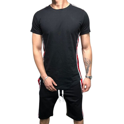 

Mens Fashion O-Neck Striped Print Top And Casual Knee-Length Shorts Set