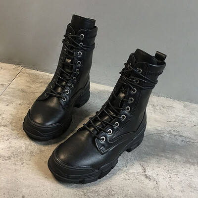 

Retro boots women autumn England net red&black casual lace-up short boots thick bottom motor boots Martins women