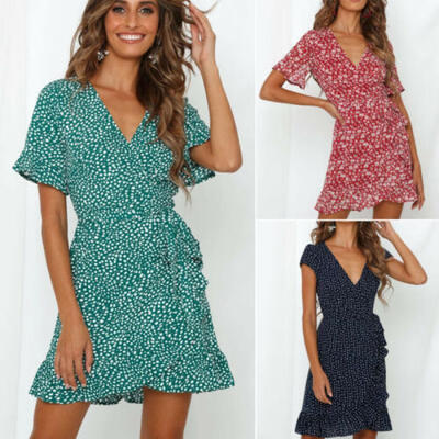 

US Womens Wrap Summer Boho Floral Print Dress Ladies Holiday Beach Sundress