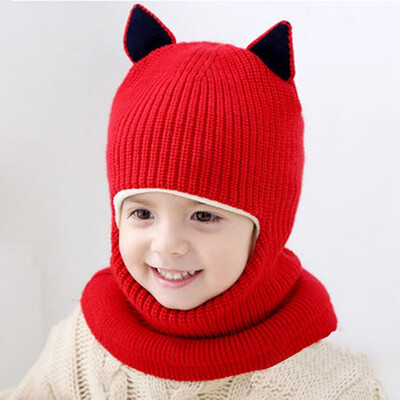 

6 Colors Kids Baby Boy Girl Hooded Scarf Caps Hat Winter Warm Knit Flap Cap Scarf